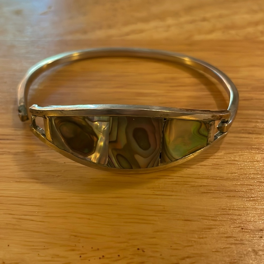 Vintage Alpaca Silver and Abalone Shell Hinged Bracelet